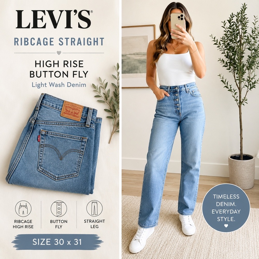 Levi's Ribcage Straight Jeans High Rise Button Fly Light Wash 30 x 31